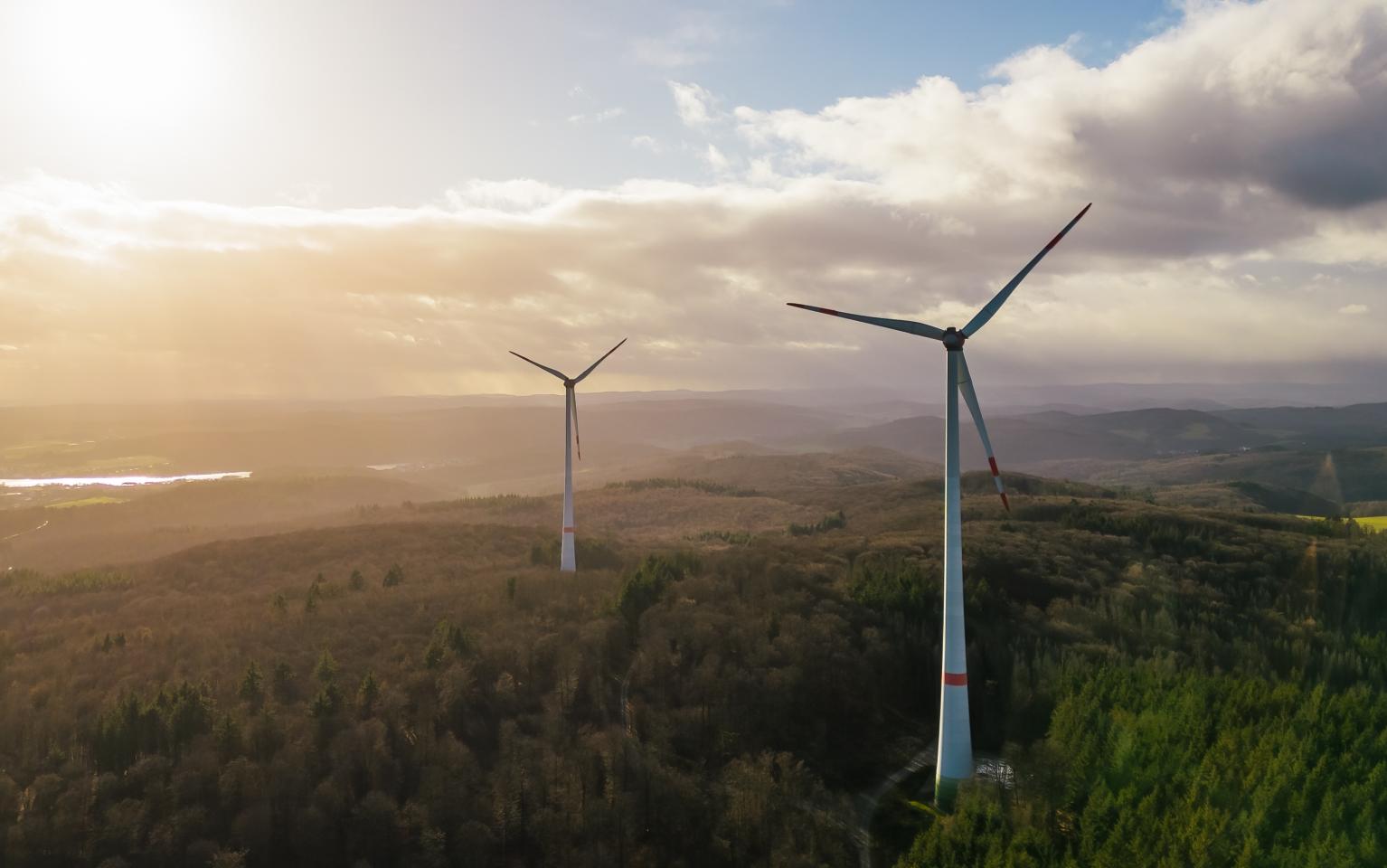 Windräder im bräunlichen Licht